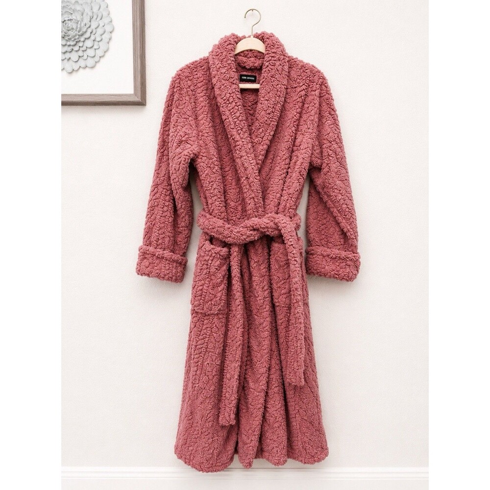 Room Service Women’s Pink Solid Fleece Wrap Robe, Belted Tie, Collared L/G
